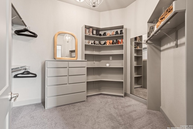 spacious closet featuring light colored carpet