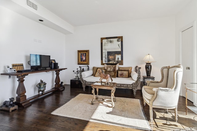 living room featuring dark wood-type flooring