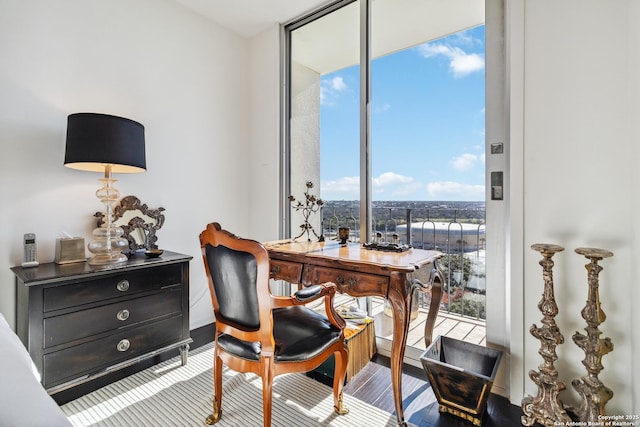 home office with expansive windows and hardwood / wood-style flooring