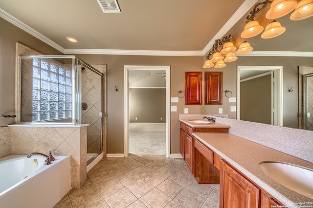 bathroom featuring separate shower and tub, crown molding, and vanity