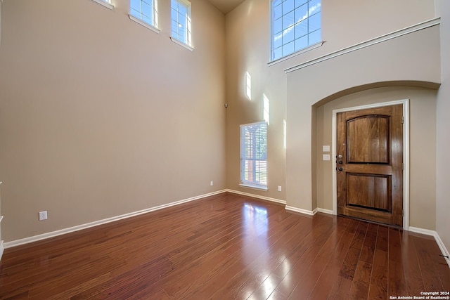 foyer entrance with dark wood-type flooring and a high ceiling