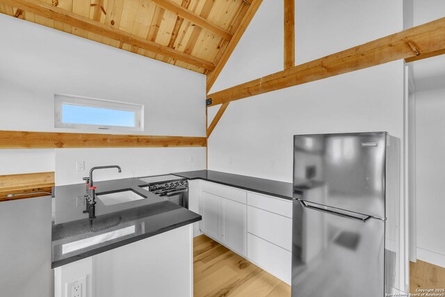 kitchen featuring wooden ceiling, white cabinets, sink, light hardwood / wood-style flooring, and appliances with stainless steel finishes