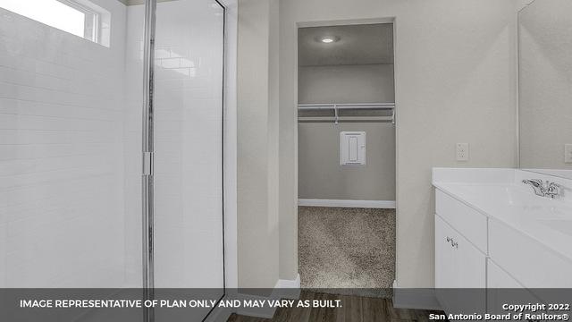 bathroom featuring vanity and a shower