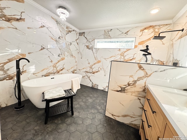 bathroom featuring crown molding, vanity, and plus walk in shower