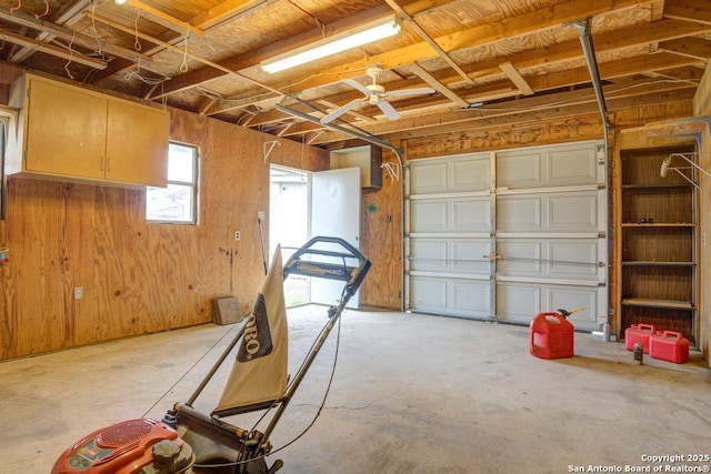 garage with wood walls