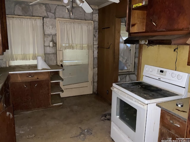 kitchen with electric stove, ceiling fan, and concrete floors