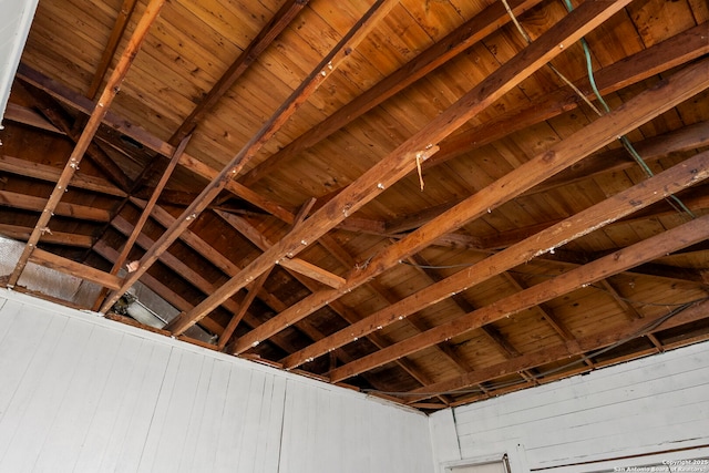 interior space with lofted ceiling with beams, wood walls, and wood ceiling