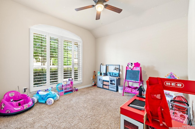 rec room with carpet, vaulted ceiling, and ceiling fan