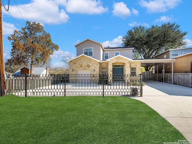 view of front facade with a carport, a garage, and a front lawn