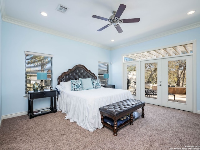 bedroom with ceiling fan, french doors, carpet floors, access to outside, and multiple windows