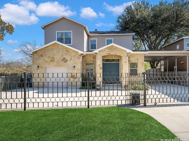 view of front of property featuring a front yard and a garage