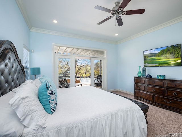 carpeted bedroom featuring access to outside, ceiling fan, and crown molding