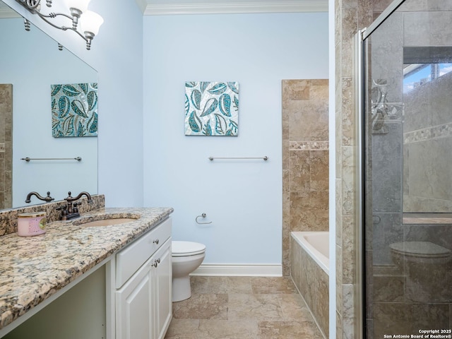 full bathroom with vanity, toilet, and separate shower and tub