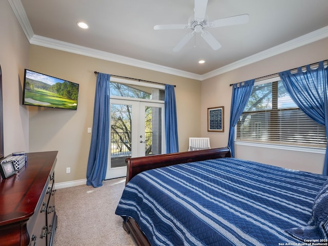 carpeted bedroom with ceiling fan, access to exterior, crown molding, and french doors