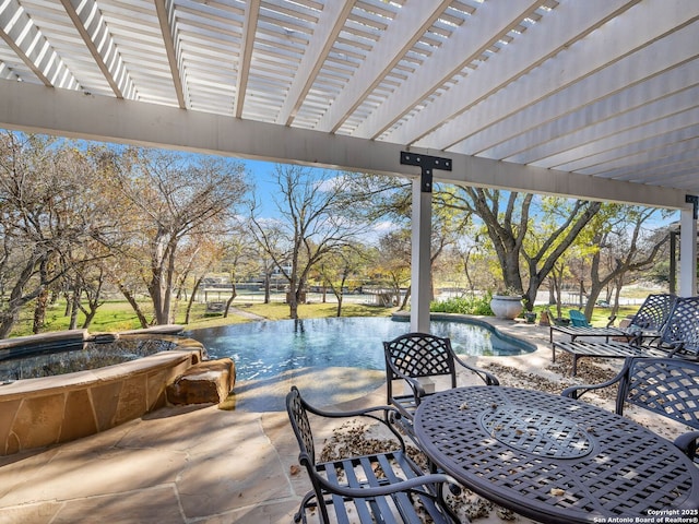 view of patio with a swimming pool with hot tub, a water view, and a pergola