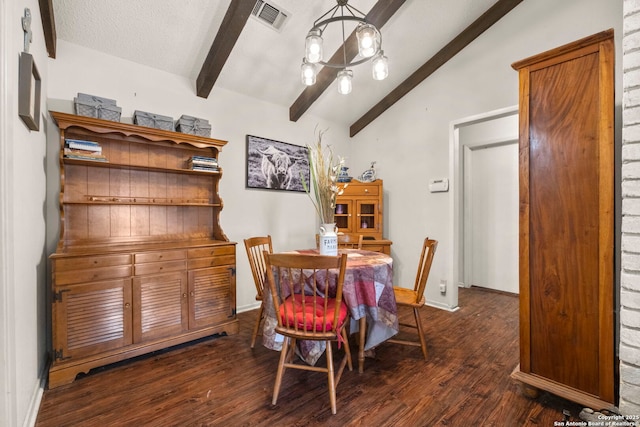 111 Austin Dr S, Boerne, TX 78006 - dining space featuring visible vents, dark wood-style flooring, vaulted ceiling with beams, baseboards, and a notable chandelier