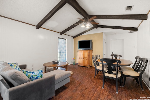 111 Austin Dr S, Boerne, TX 78006 - living area featuring dark wood-type flooring, visible vents, ceiling fan, and vaulted ceiling with beams
