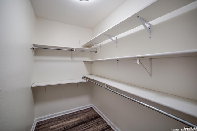 walk in closet with dark wood-type flooring