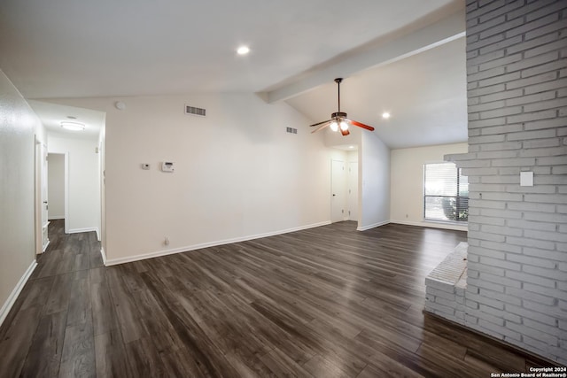 unfurnished living room featuring lofted ceiling with beams, ceiling fan, and dark hardwood / wood-style flooring