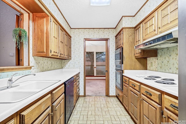 kitchen featuring a textured ceiling, crown molding, sink, black dishwasher, and stainless steel microwave