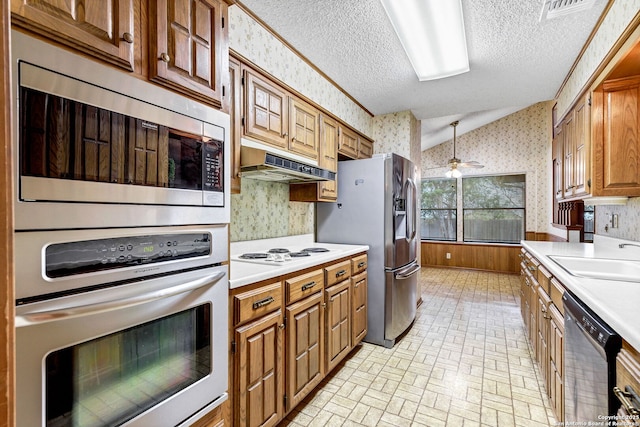 kitchen with appliances with stainless steel finishes, a textured ceiling, vaulted ceiling, ceiling fan, and sink