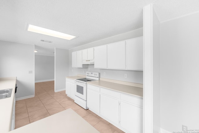 kitchen with white cabinetry, sink, white electric range, a textured ceiling, and light tile patterned flooring