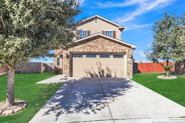 view of front property with cooling unit, a front yard, and a garage