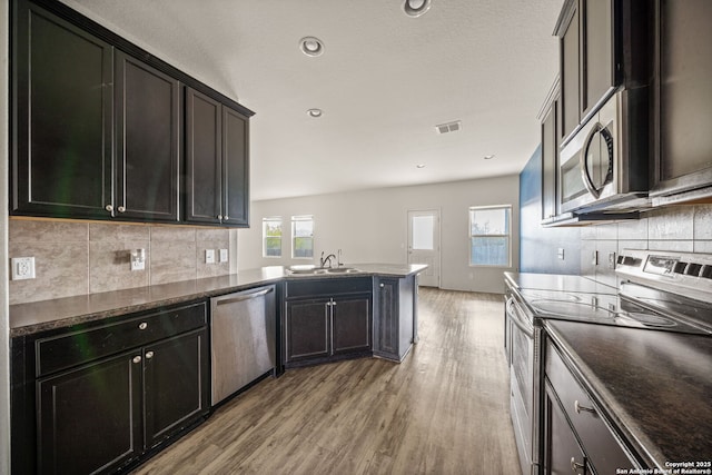 kitchen with stainless steel appliances, light hardwood / wood-style flooring, tasteful backsplash, and sink