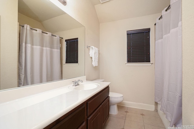 full bathroom featuring shower / bathtub combination with curtain, tile patterned floors, vaulted ceiling, toilet, and vanity