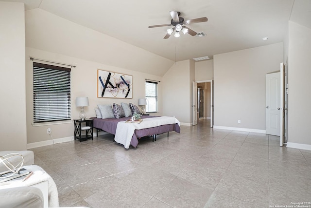 bedroom with ceiling fan and lofted ceiling