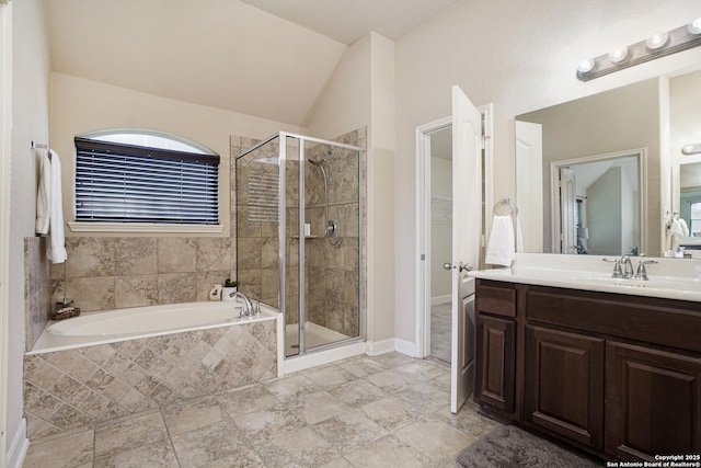 bathroom with shower with separate bathtub and vanity