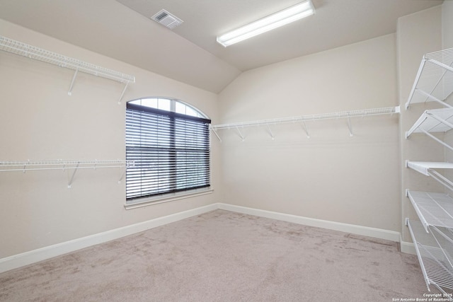 spacious closet with carpet floors and lofted ceiling