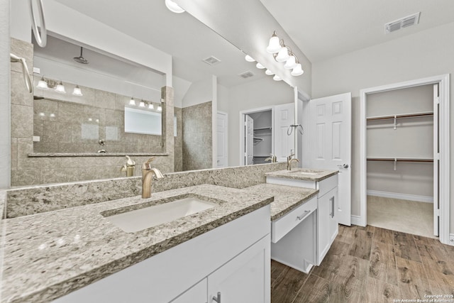 bathroom with vanity, wood-type flooring, and tiled shower