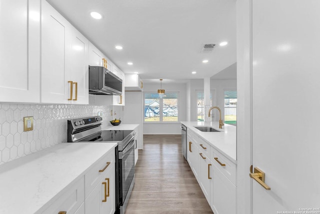 kitchen with sink, tasteful backsplash, light stone counters, white cabinets, and appliances with stainless steel finishes