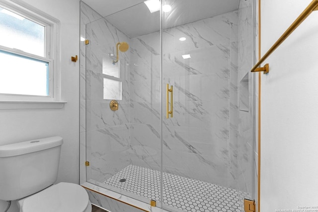 bathroom with a healthy amount of sunlight, toilet, and a shower with shower door