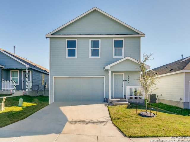 view of property with central AC unit, a garage, and a front lawn