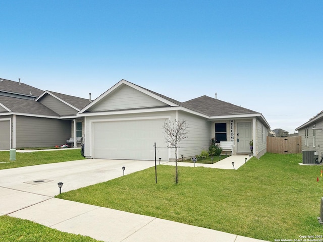 single story home with central AC unit, a garage, and a front lawn