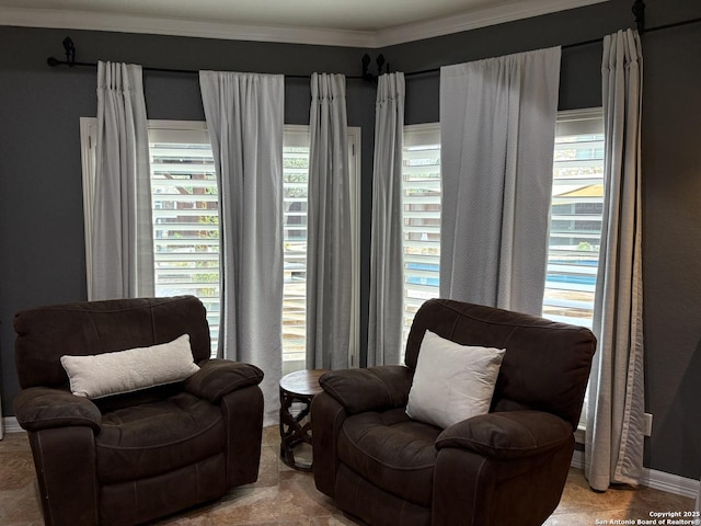 living area with ornamental molding