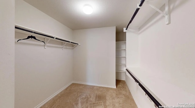 spacious closet featuring light carpet