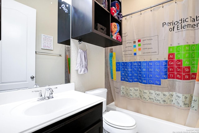 full bathroom featuring vanity, shower / tub combo, and toilet