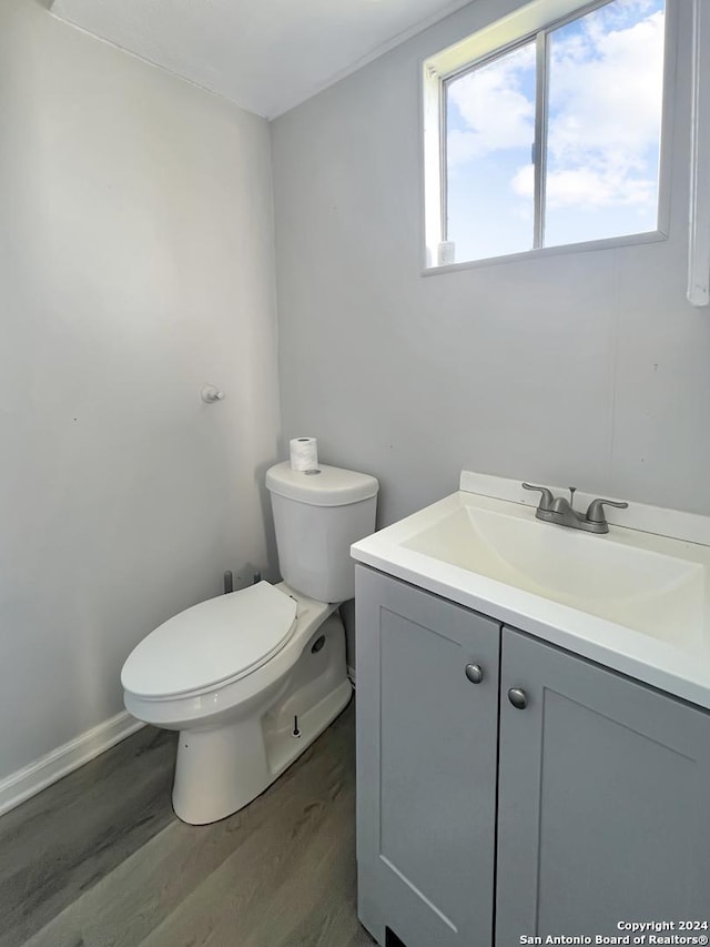 bathroom featuring hardwood / wood-style flooring, vanity, and toilet