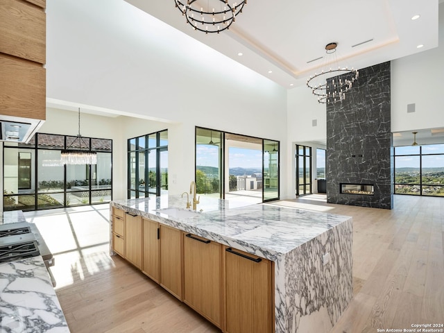 kitchen with a high ceiling, a tray ceiling, decorative light fixtures, light stone counters, and a chandelier