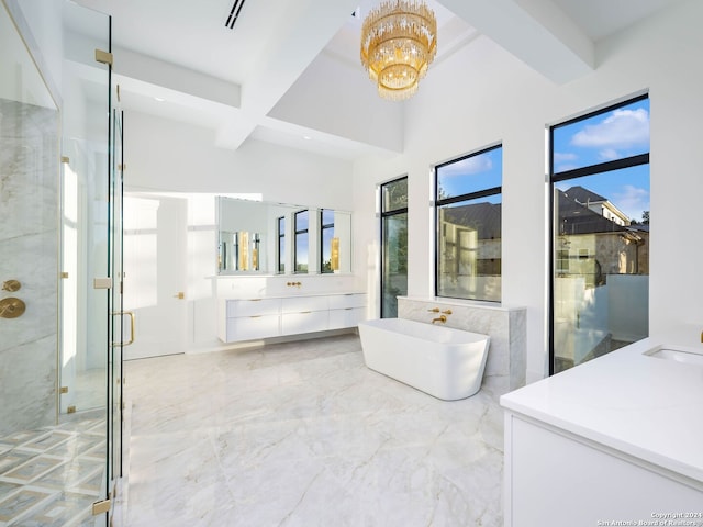 bathroom with beamed ceiling, vanity, shower with separate bathtub, and an inviting chandelier