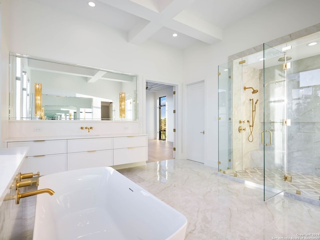 bathroom featuring vanity, beamed ceiling, coffered ceiling, and shower with separate bathtub