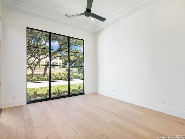 empty room with a tray ceiling, ceiling fan, and light hardwood / wood-style flooring