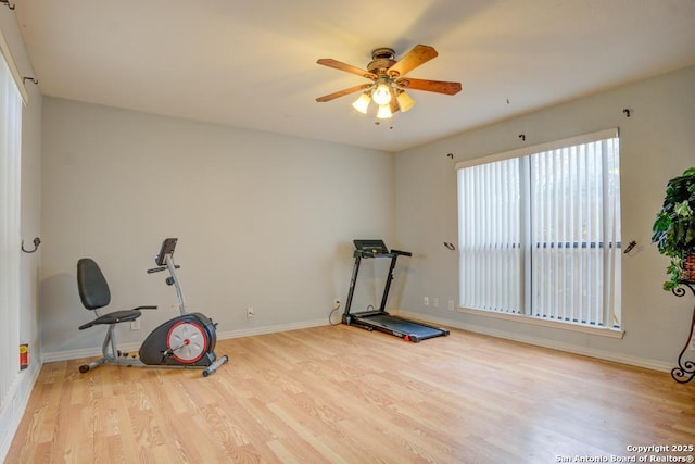 workout area featuring light wood-type flooring and ceiling fan