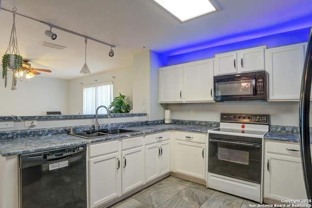 kitchen with rail lighting, ceiling fan, sink, black appliances, and white cabinets