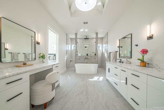 bathroom with separate shower and tub and vanity