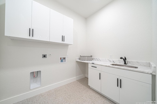 laundry room with electric dryer hookup, cabinets, hookup for a gas dryer, sink, and hookup for a washing machine