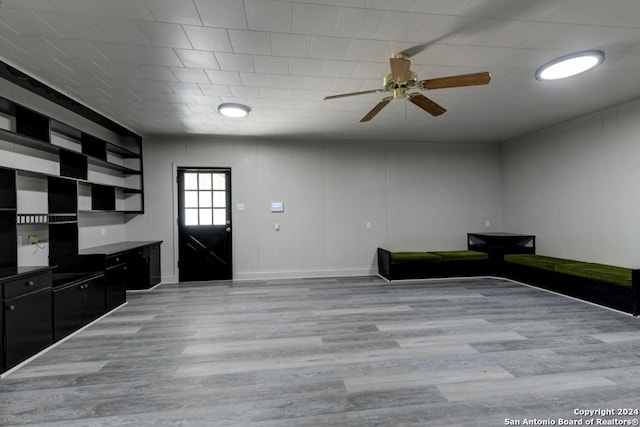 interior space with ceiling fan and light wood-type flooring